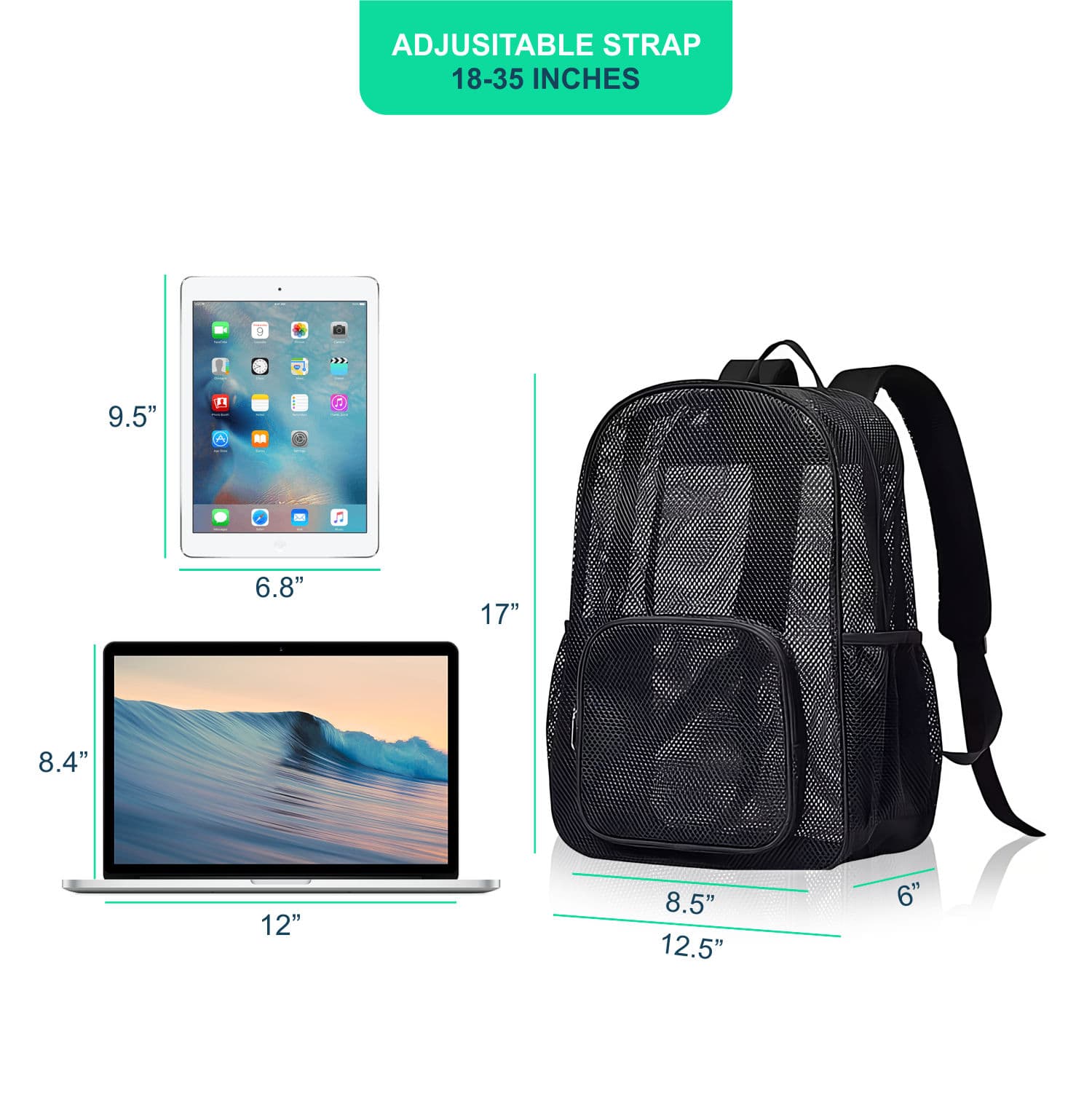 Black mesh-net school backpack โ dimensions diagram: 17in tall ร 12.5in wide ร 8.5in deep, adjustable strap 18โ35in, sized to fit iPad and MacBook