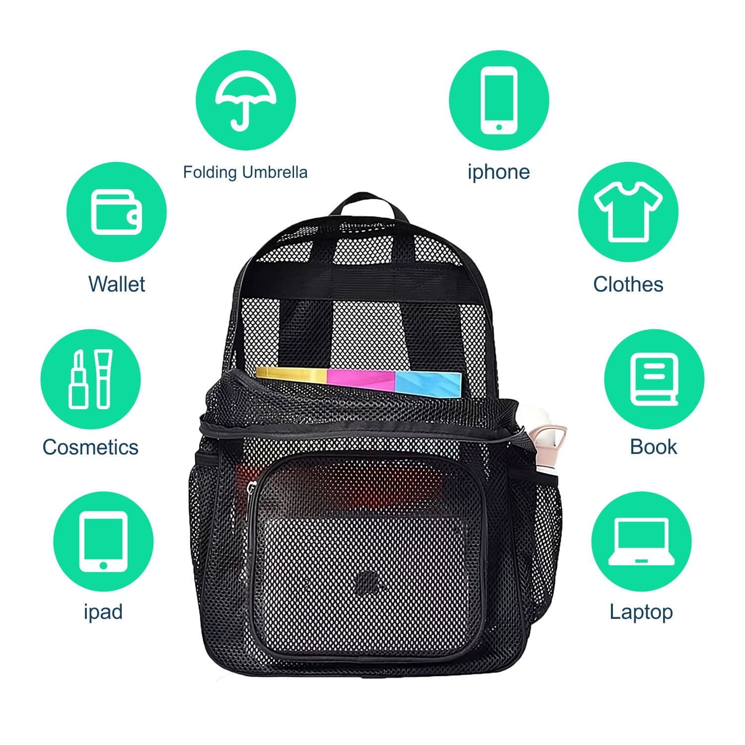 Black mesh-net school backpack โ capacity-icons infographic showing folding umbrella, iPhone, wallet, clothes, cosmetics, iPad, book, and laptop all fit inside